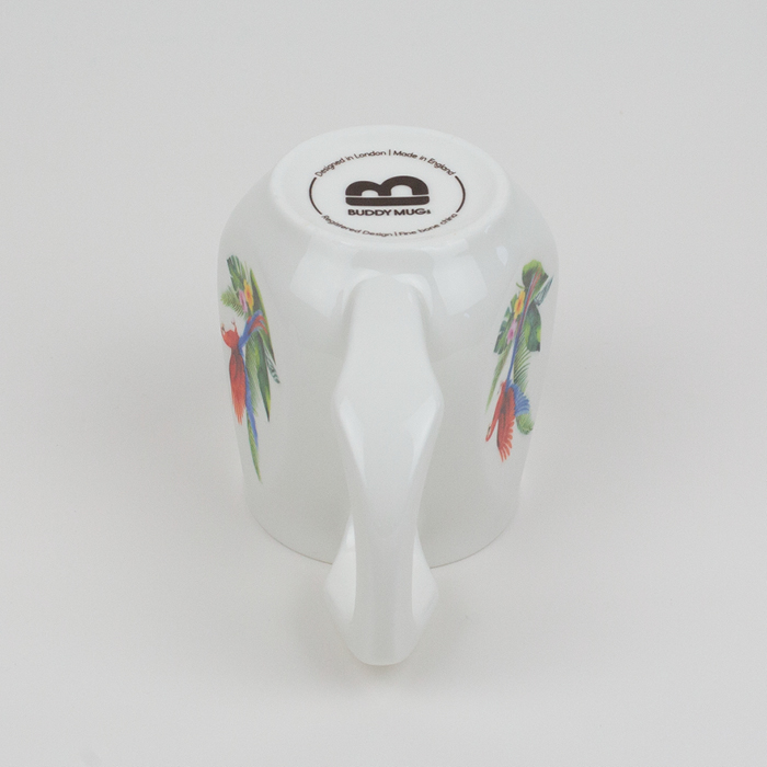 White fine bone china mug with a colourful parrot printed on the side.
